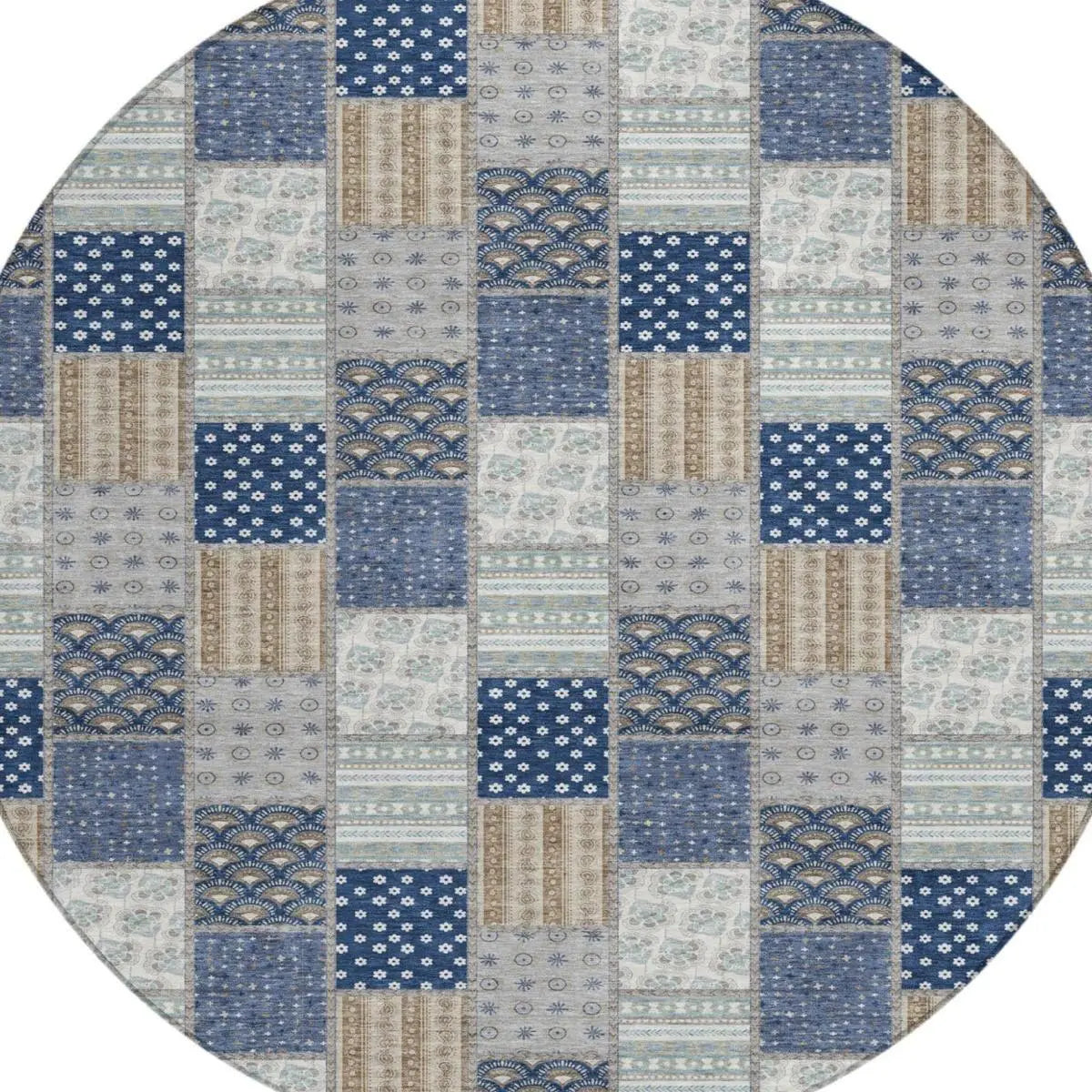 8' Navy Blue And Blue Round Patchwork Washable Indoor Outdoor Area Rug Homeroots Outdoor