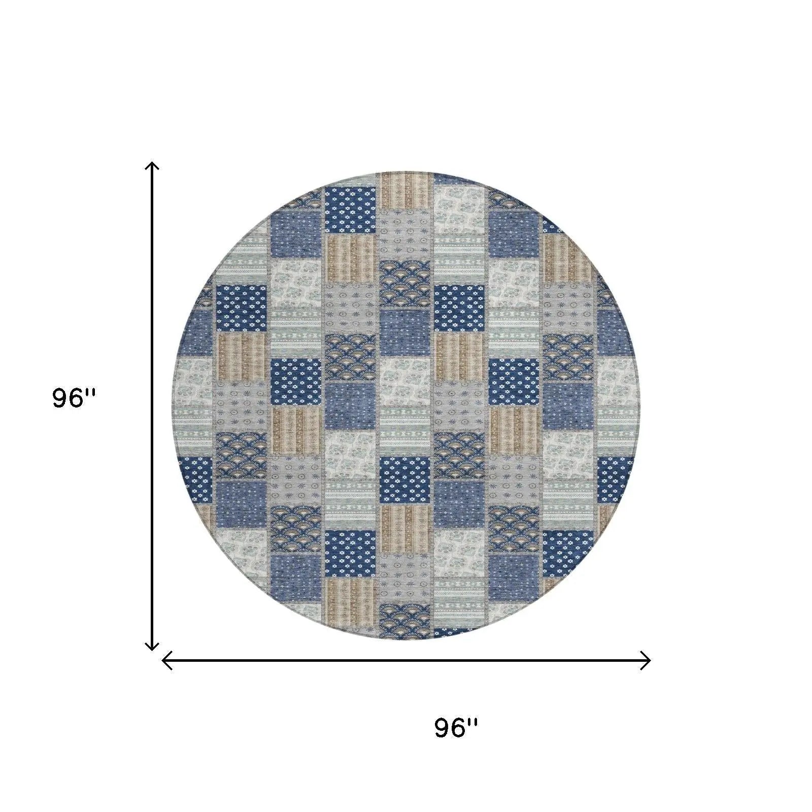 8' Navy Blue And Blue Round Patchwork Washable Indoor Outdoor Area Rug Homeroots Outdoor