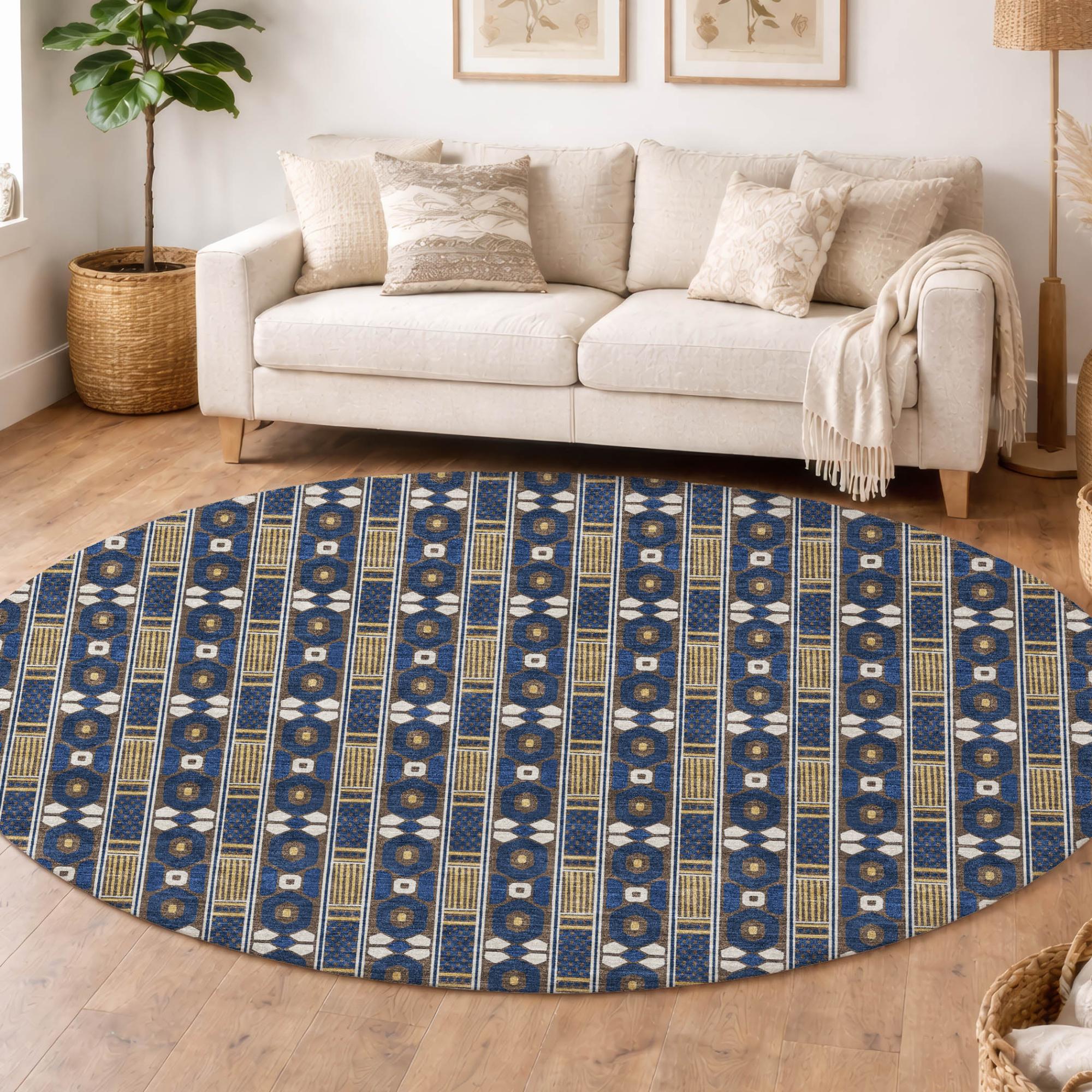 8' Navy Blue And Blue Round Striped Washable Indoor Outdoor Area Rug Homeroots Outdoor
