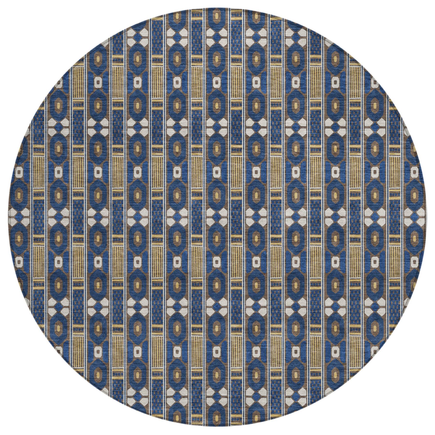 8' Navy Blue And Blue Round Striped Washable Indoor Outdoor Area Rug Homeroots Outdoor