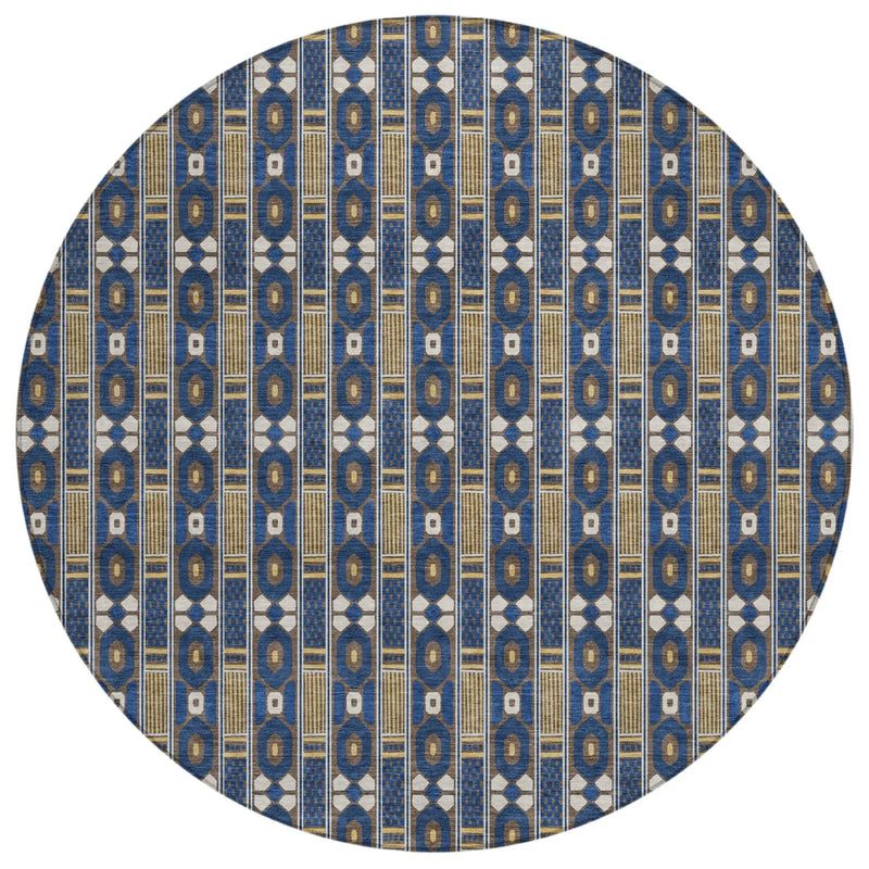 8' Navy Blue And Blue Round Striped Washable Indoor Outdoor Area Rug Homeroots Outdoor
