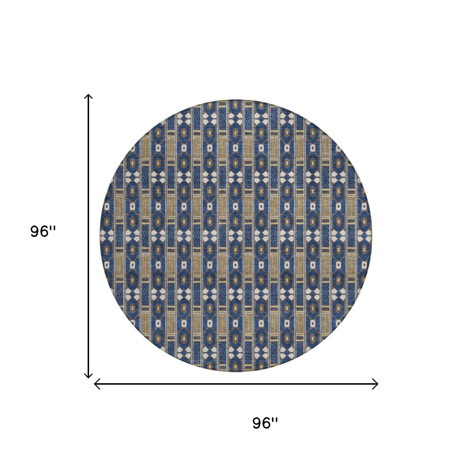 8' Navy Blue And Blue Round Striped Washable Indoor Outdoor Area Rug Homeroots Outdoor