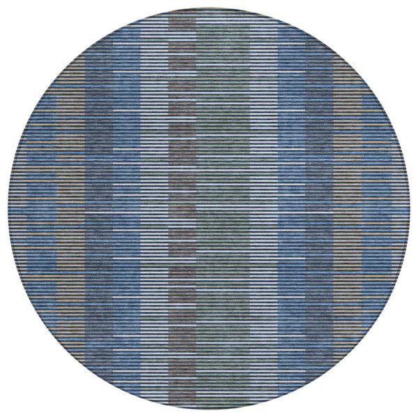 8' Navy Blue And Blue Round Striped Washable Indoor Outdoor Area Rug Homeroots Outdoor