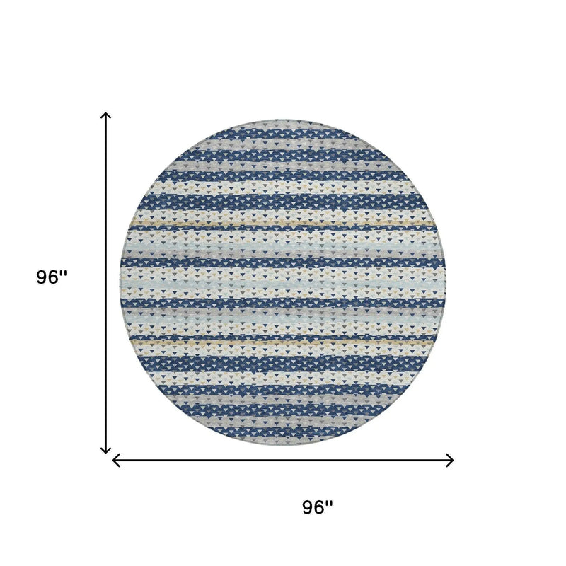 8' Navy Blue And Blue Round Striped Washable Indoor Outdoor Area Rug Homeroots Outdoor