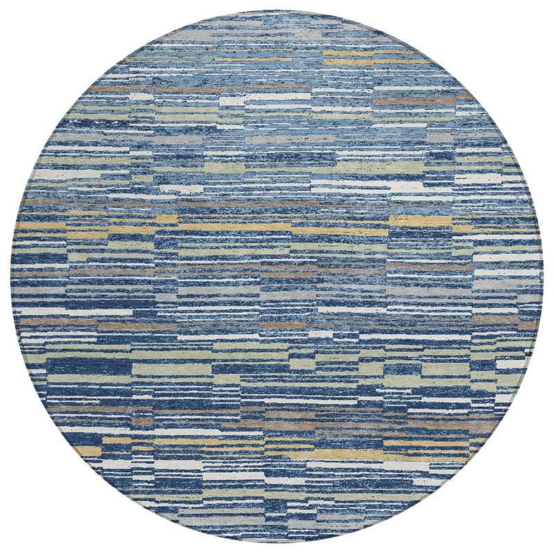 8' Navy Blue And Blue Round Striped Washable Indoor Outdoor Area Rug Homeroots Outdoor