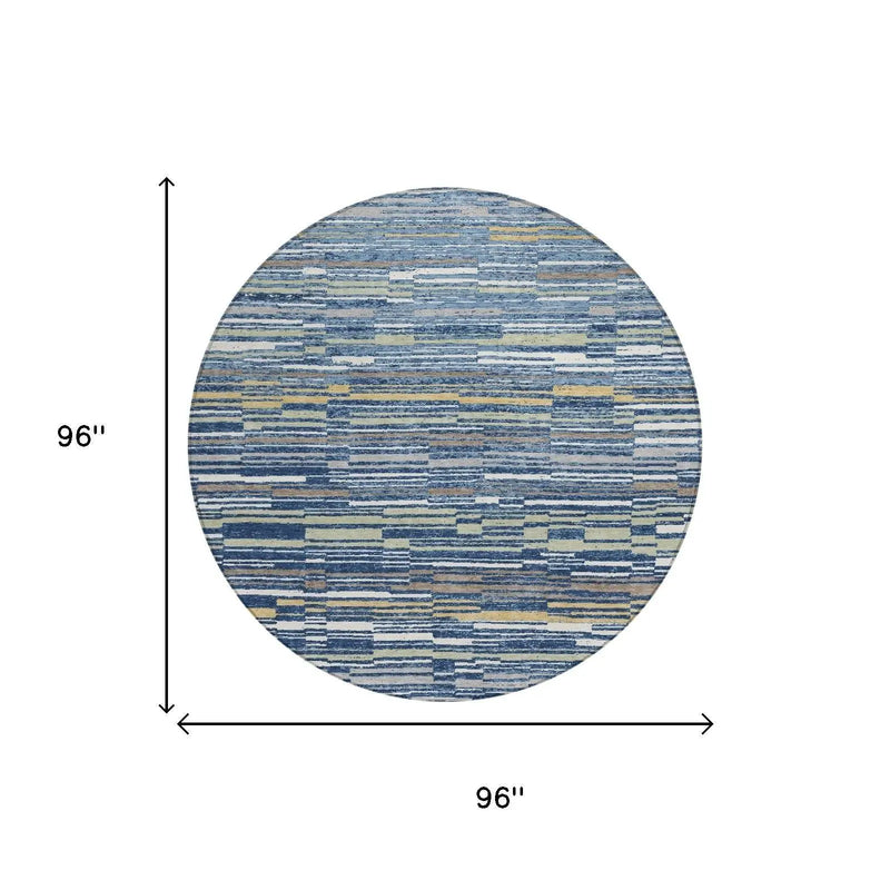 8' Navy Blue And Blue Round Striped Washable Indoor Outdoor Area Rug Homeroots Outdoor