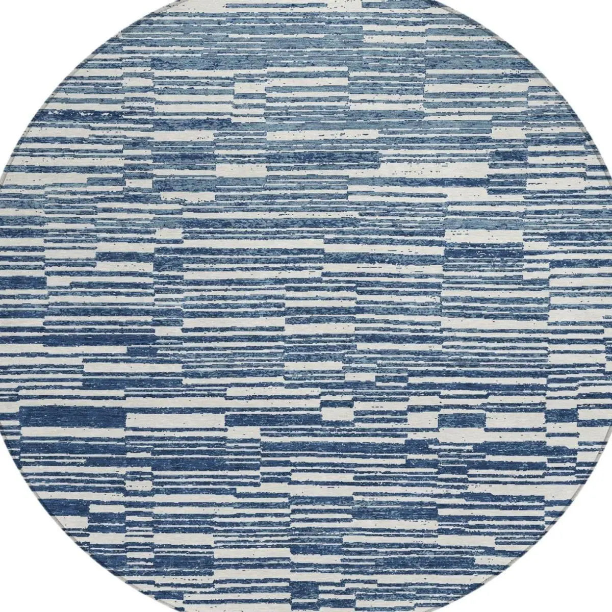8' Navy Blue And Blue Round Striped Washable Indoor Outdoor Area Rug Homeroots Outdoor