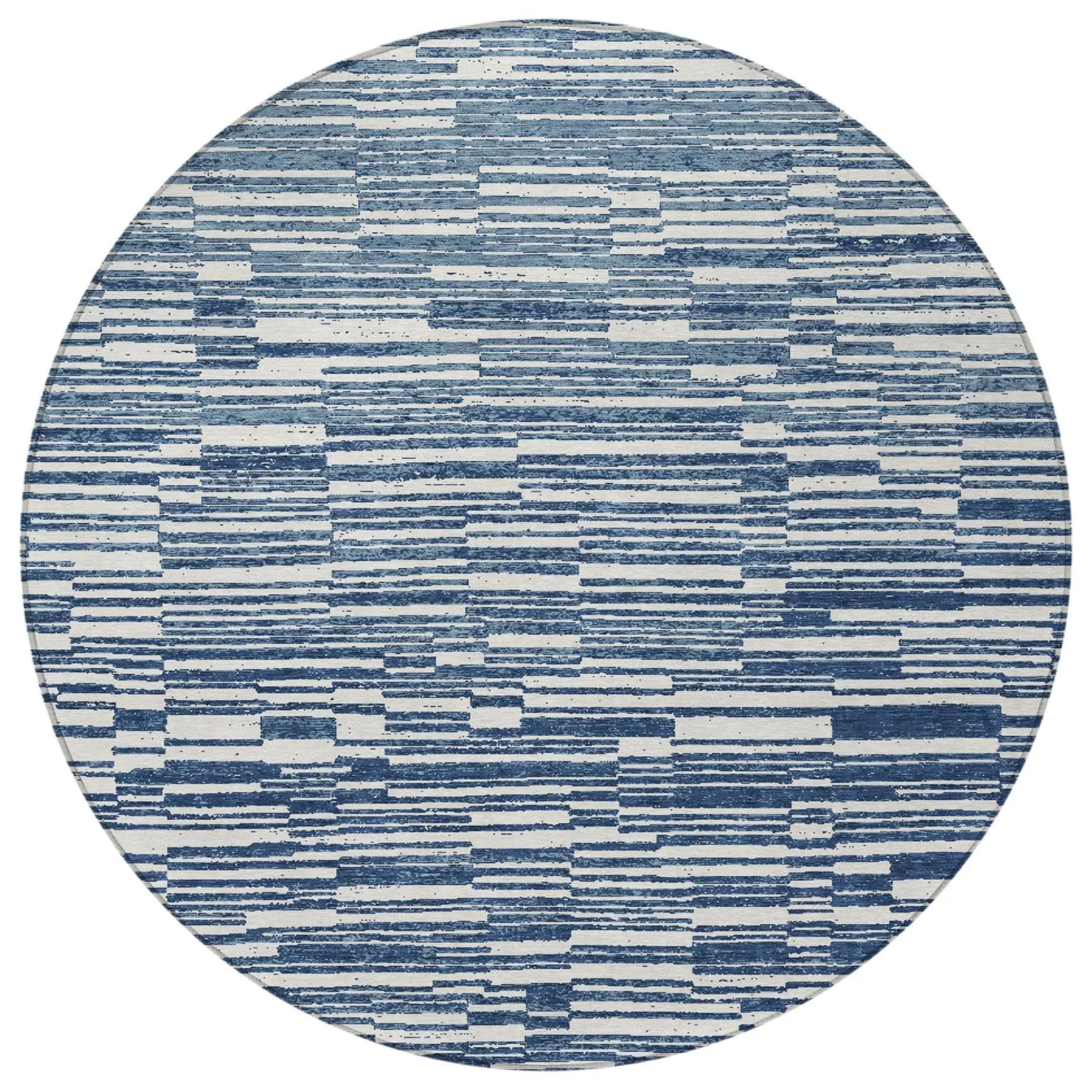 8' Navy Blue And Blue Round Striped Washable Indoor Outdoor Area Rug Homeroots Outdoor