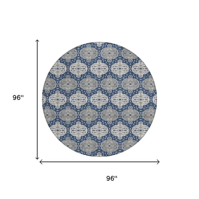 8' Navy Blue And Blue Round Striped Washable Indoor Outdoor Area Rug Homeroots Outdoor