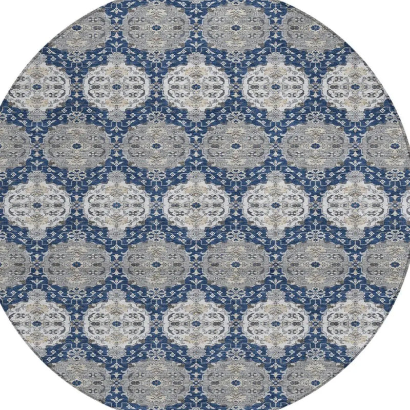 8' Navy Blue And Blue Round Striped Washable Indoor Outdoor Area Rug Homeroots Outdoor
