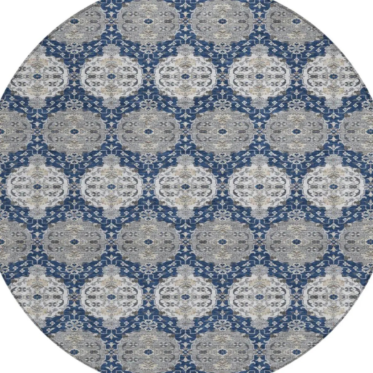 8' Navy Blue And Blue Round Striped Washable Indoor Outdoor Area Rug Homeroots Outdoor