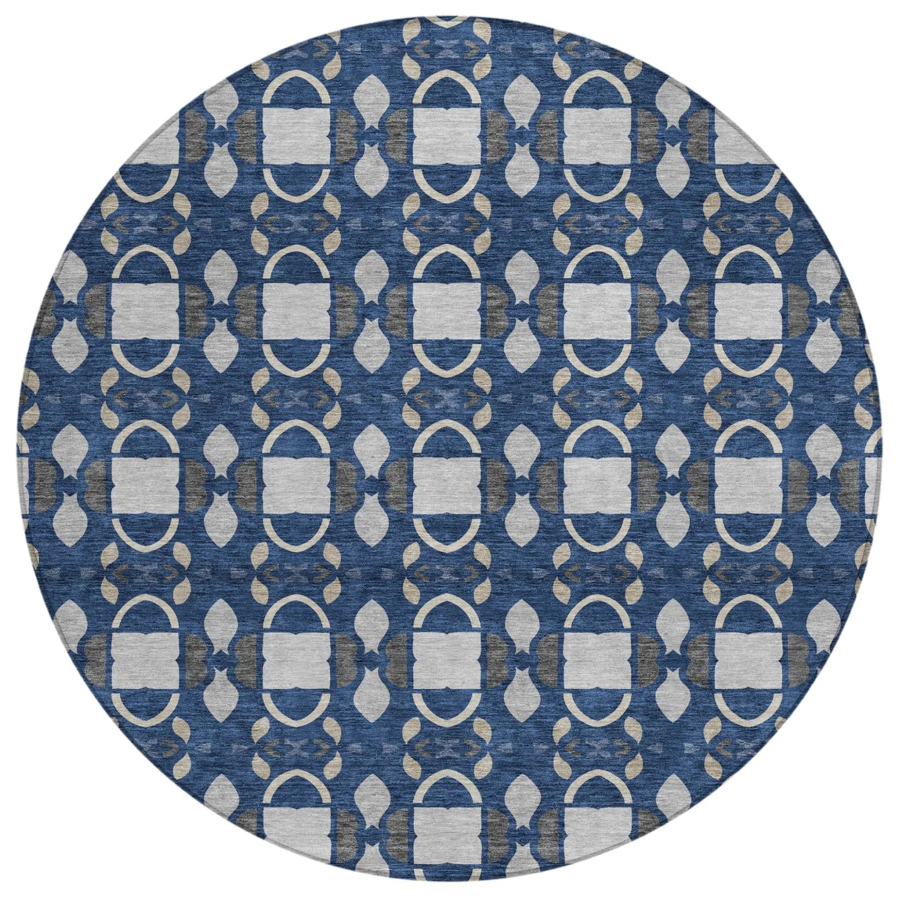 8' Navy Blue And Blue Round Striped Washable Indoor Outdoor Area Rug Homeroots Outdoor