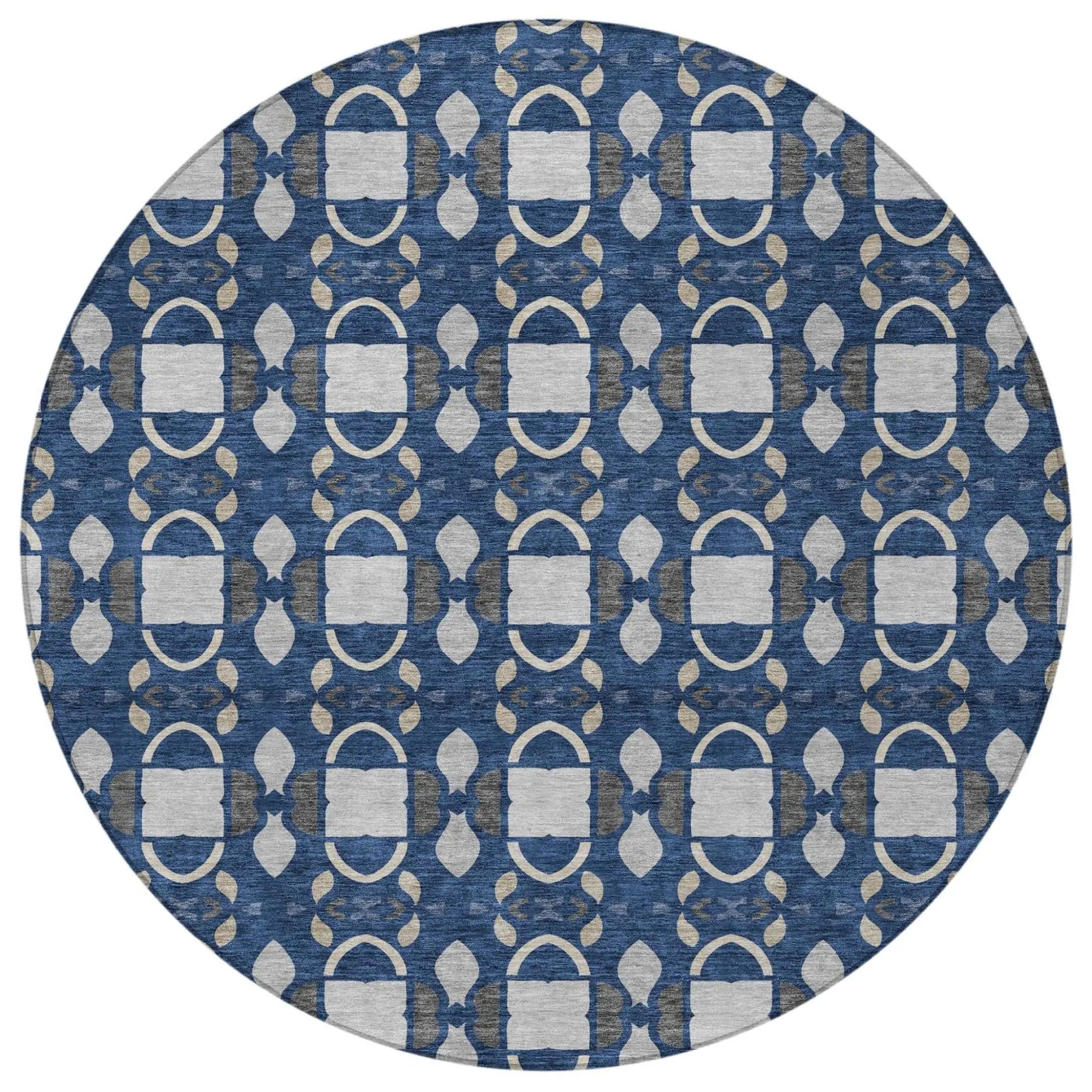 8' Navy Blue And Blue Round Striped Washable Indoor Outdoor Area Rug Homeroots Outdoor