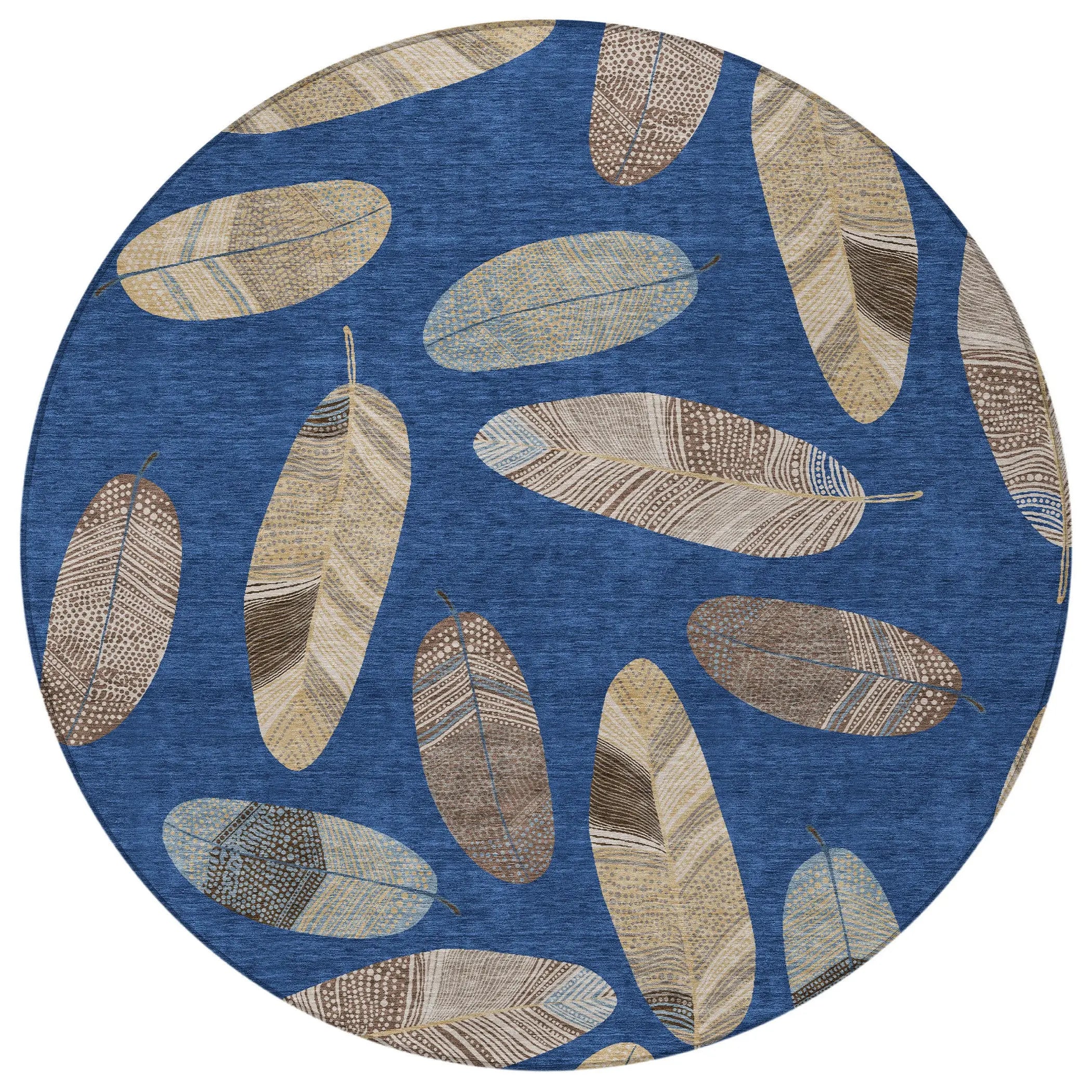 8' Navy Blue And Brown Round Botanical Leaves Washable Indoor Outdoor Area Rug Homeroots Outdoor