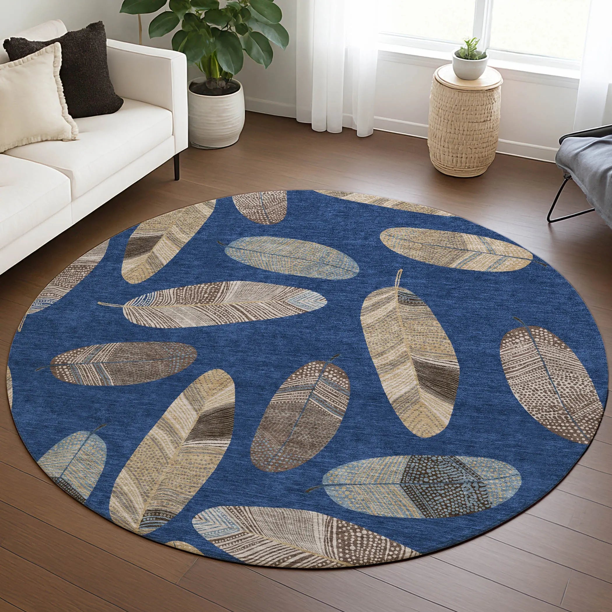 8' Navy Blue And Brown Round Botanical Leaves Washable Indoor Outdoor Area Rug Homeroots Outdoor