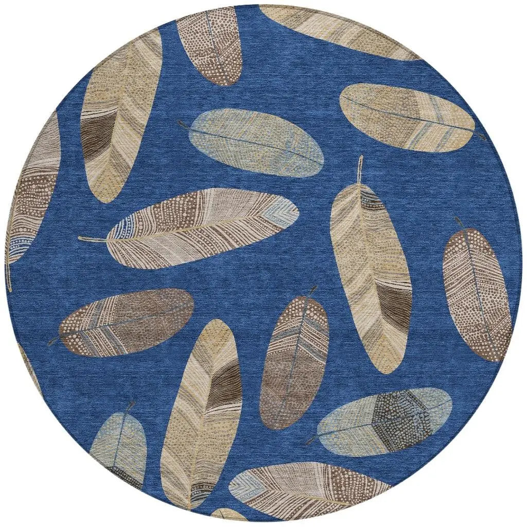 8' Navy Blue And Brown Round Botanical Leaves Washable Indoor Outdoor Area Rug Homeroots Outdoor