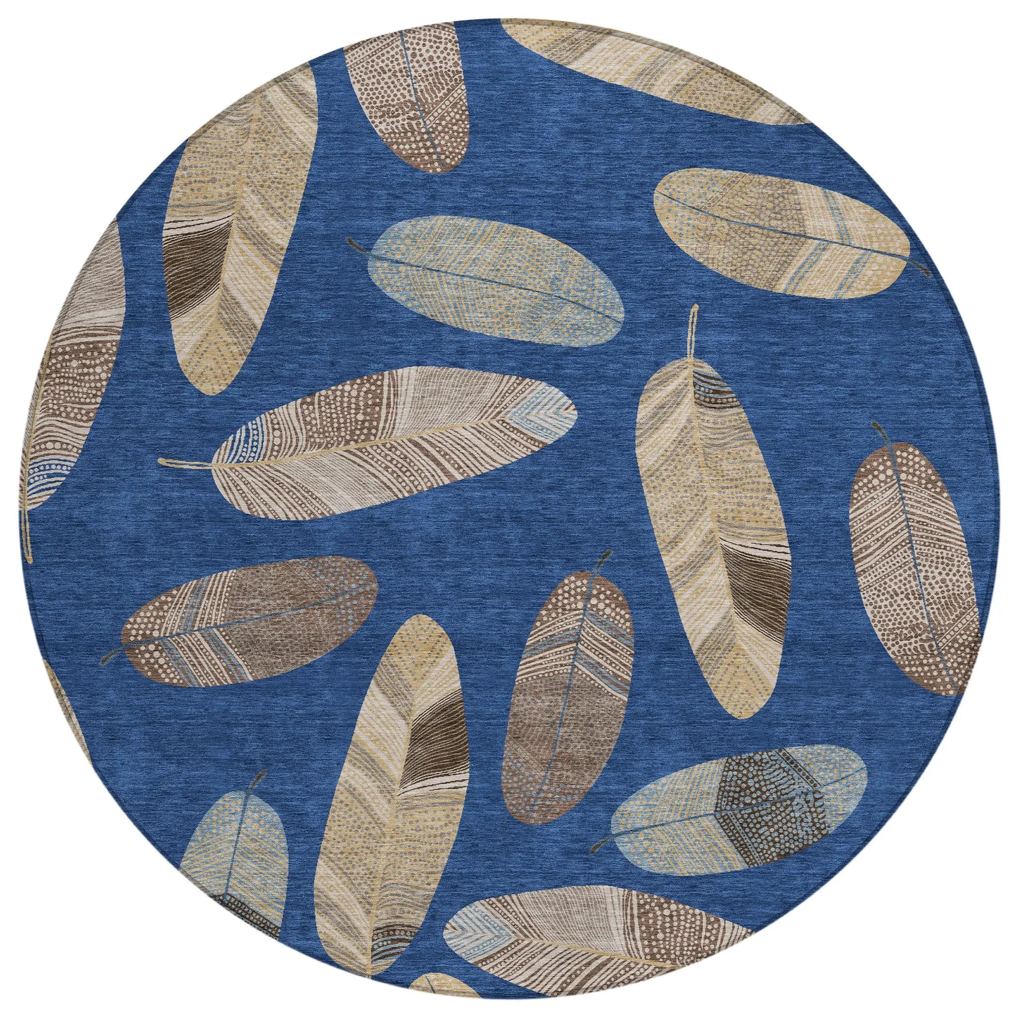 8' Navy Blue And Brown Round Botanical Leaves Washable Indoor Outdoor Area Rug Homeroots Outdoor