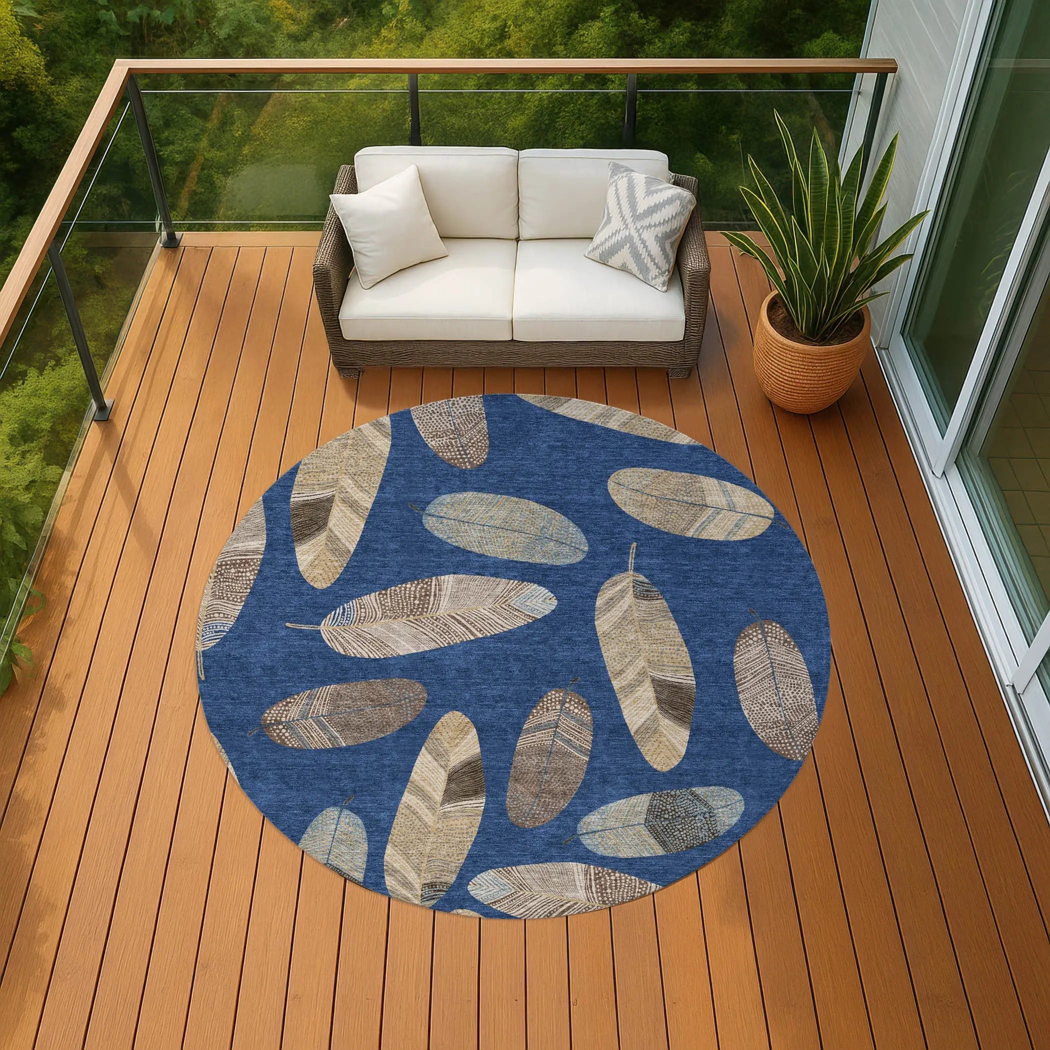 8' Navy Blue And Brown Round Botanical Leaves Washable Indoor Outdoor Area Rug Homeroots Outdoor