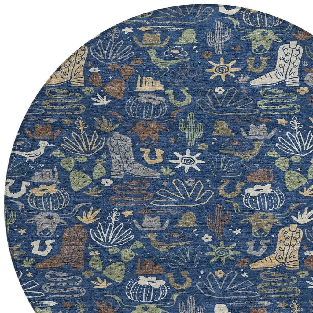 8' Navy Blue And Brown Round Cactus Washable Indoor Outdoor Area Rug Homeroots Outdoor