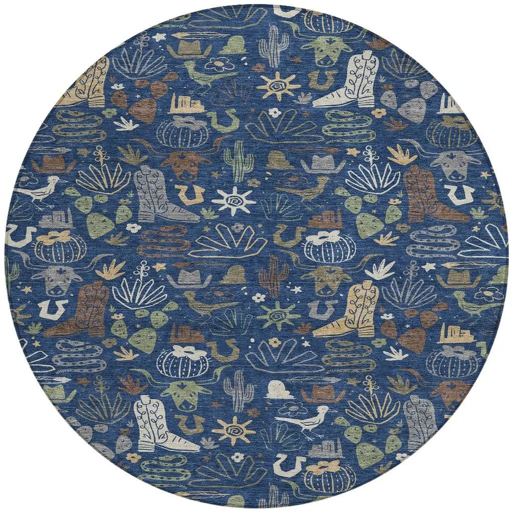 8' Navy Blue And Brown Round Cactus Washable Indoor Outdoor Area Rug Homeroots Outdoor