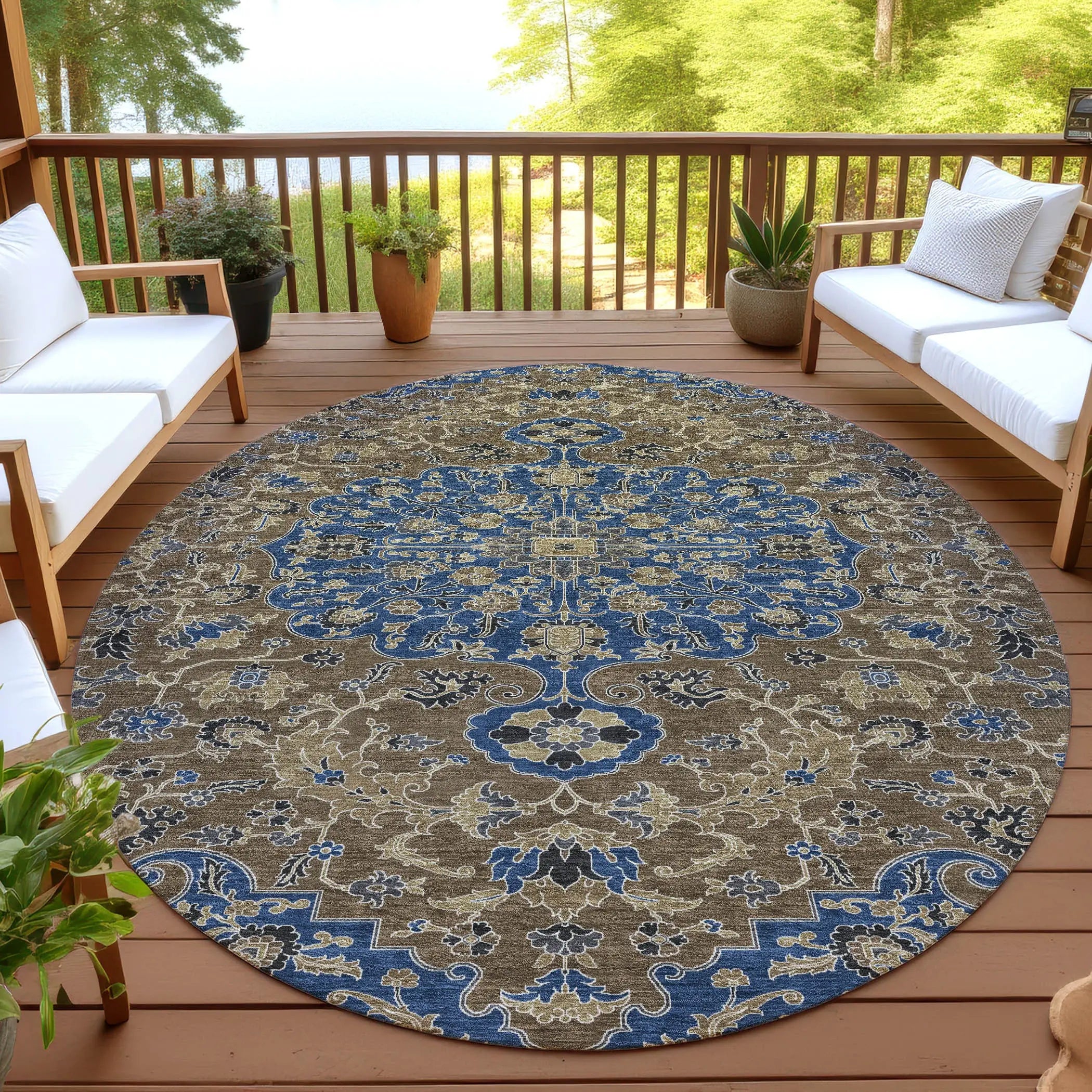 8' Navy Blue And Brown Round Floral Medallion Washable Indoor Outdoor Area Rug Homeroots Outdoor
