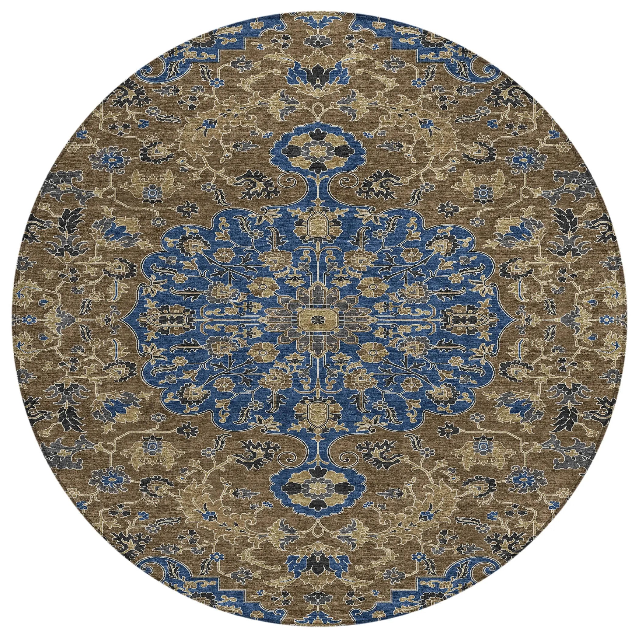 8' Navy Blue And Brown Round Floral Medallion Washable Indoor Outdoor Area Rug Homeroots Outdoor