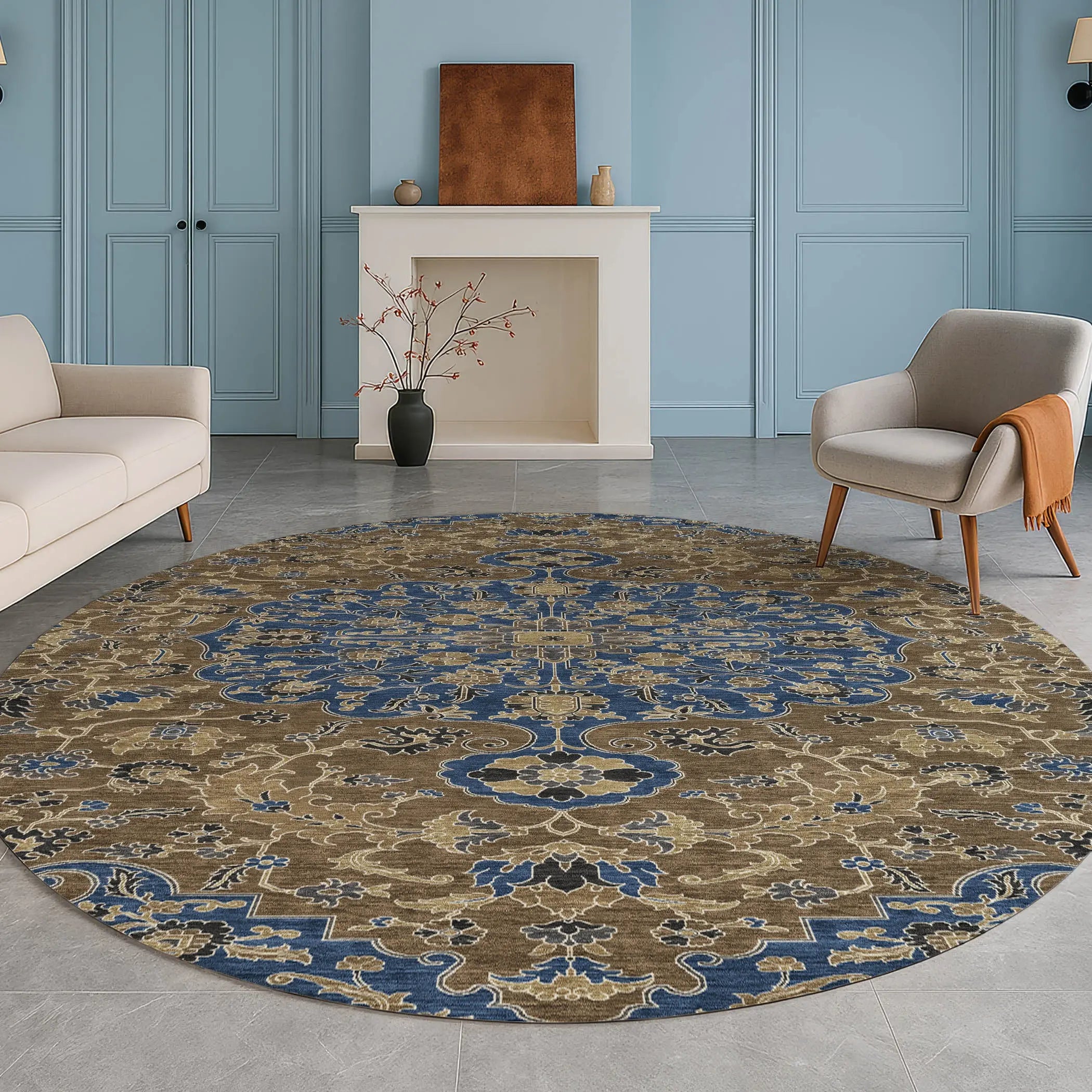 8' Navy Blue And Brown Round Floral Medallion Washable Indoor Outdoor Area Rug Homeroots Outdoor