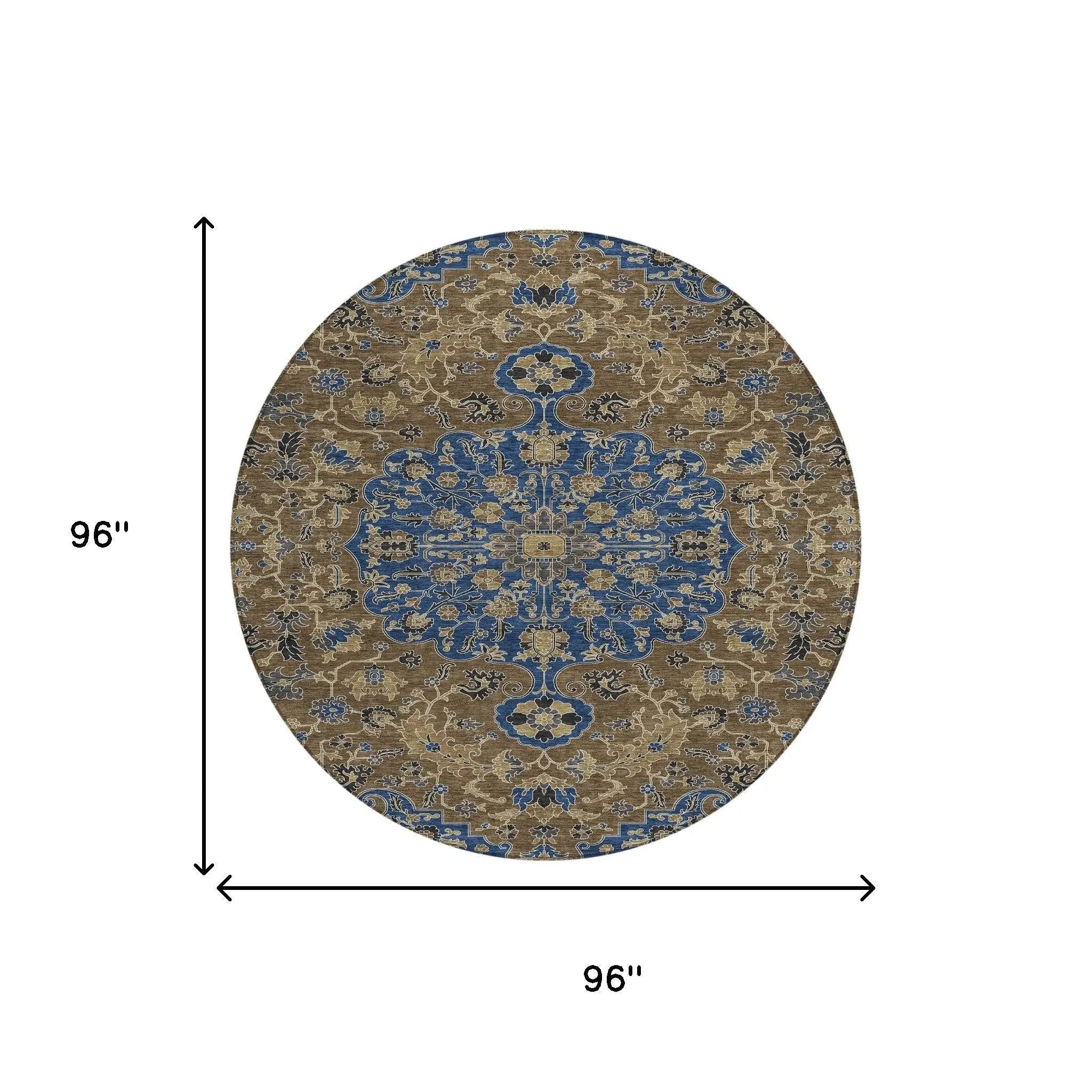 8' Navy Blue And Brown Round Floral Medallion Washable Indoor Outdoor Area Rug Homeroots Outdoor