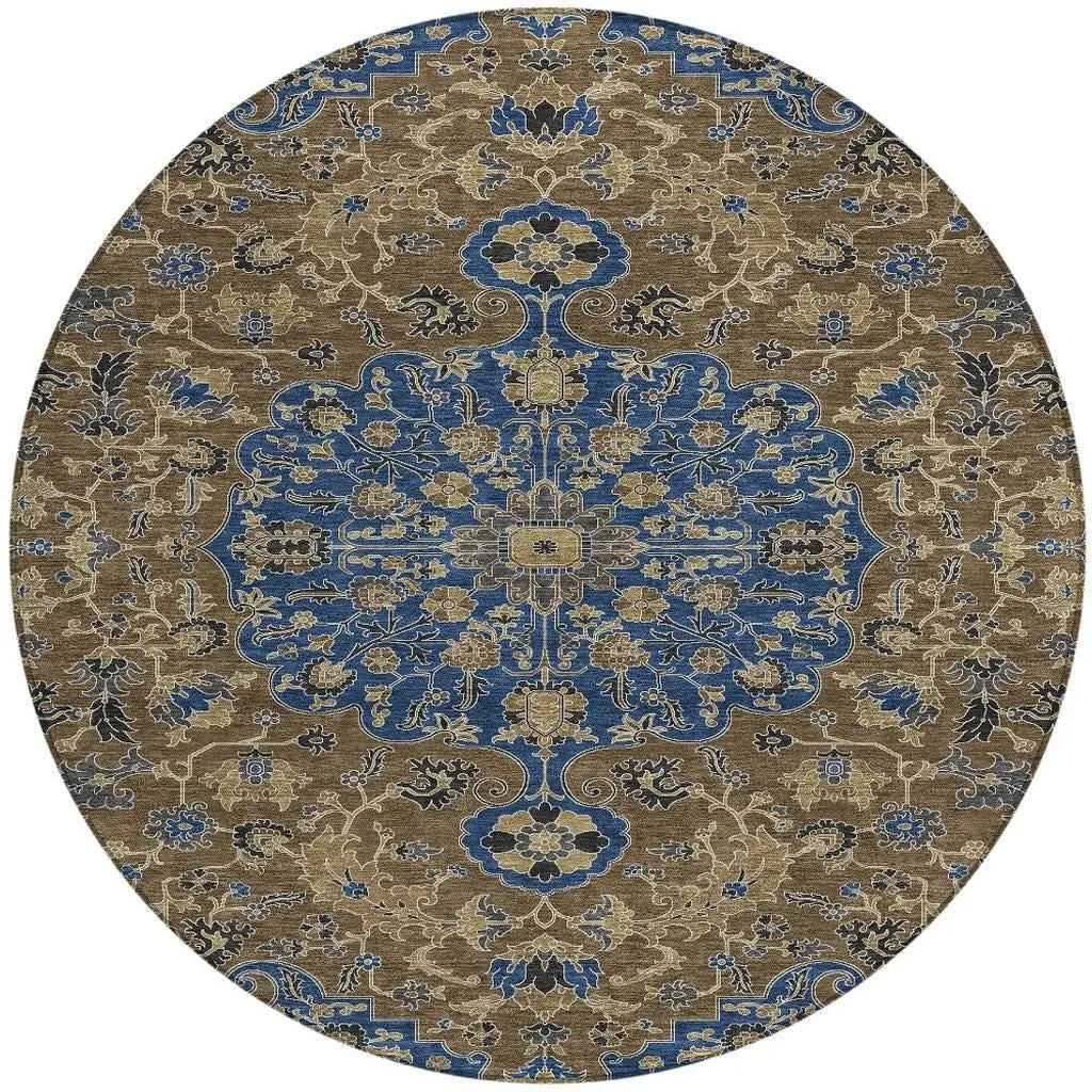 8' Navy Blue And Brown Round Floral Medallion Washable Indoor Outdoor Area Rug Homeroots Outdoor