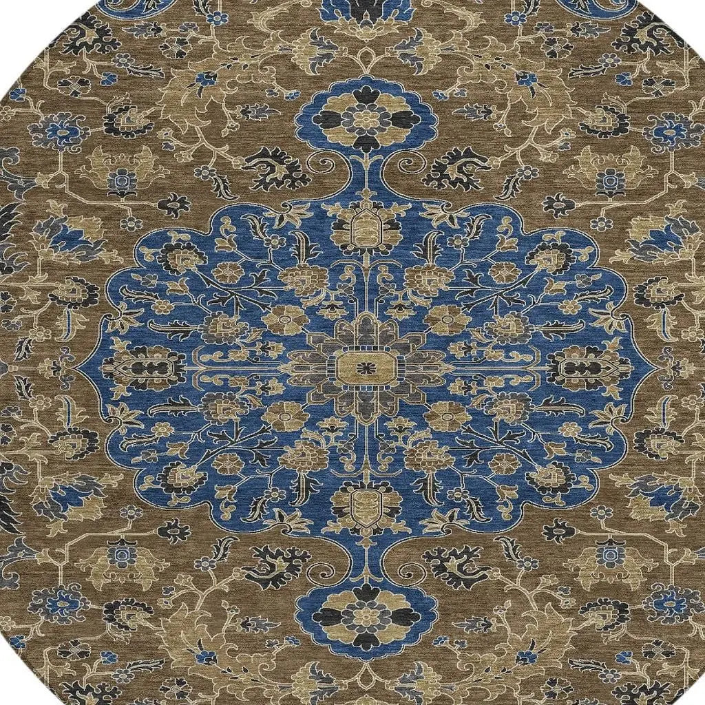 8' Navy Blue And Brown Round Floral Medallion Washable Indoor Outdoor Area Rug Homeroots Outdoor
