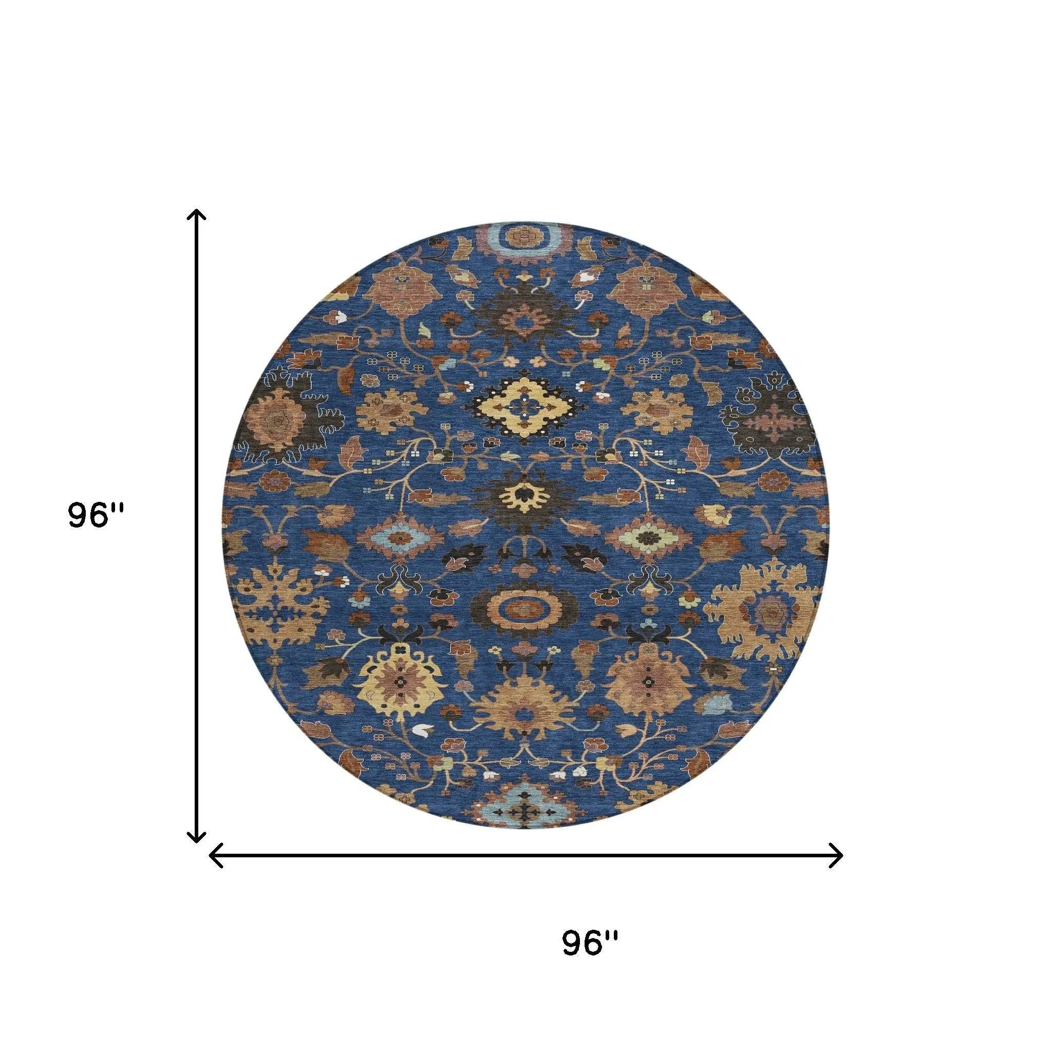 8' Navy Blue And Copper Round Floral Medallion Washable Indoor Outdoor Area Rug Homeroots Outdoor