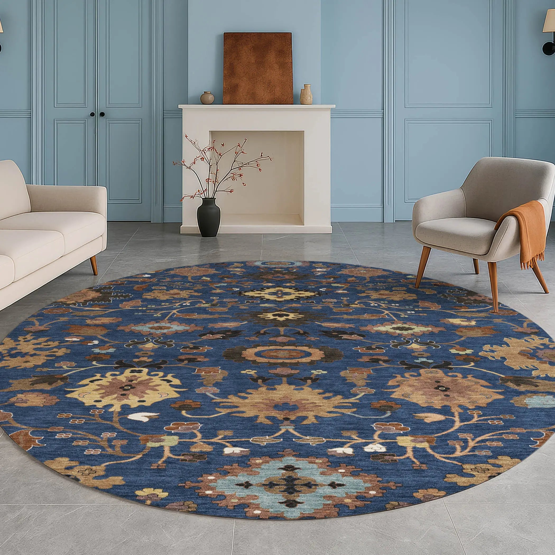 8' Navy Blue And Copper Round Floral Medallion Washable Indoor Outdoor Area Rug Homeroots Outdoor