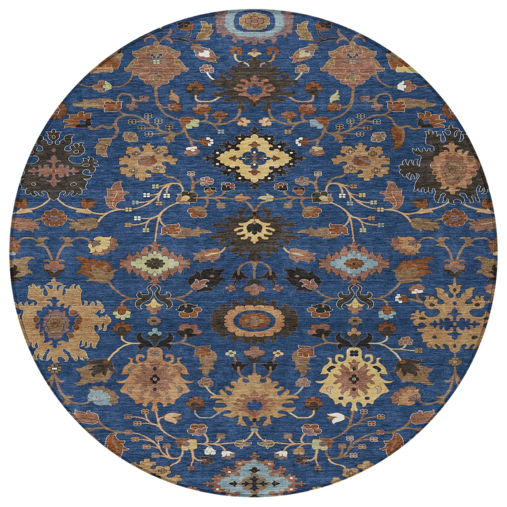 8' Navy Blue And Copper Round Floral Medallion Washable Indoor Outdoor Area Rug Homeroots Outdoor