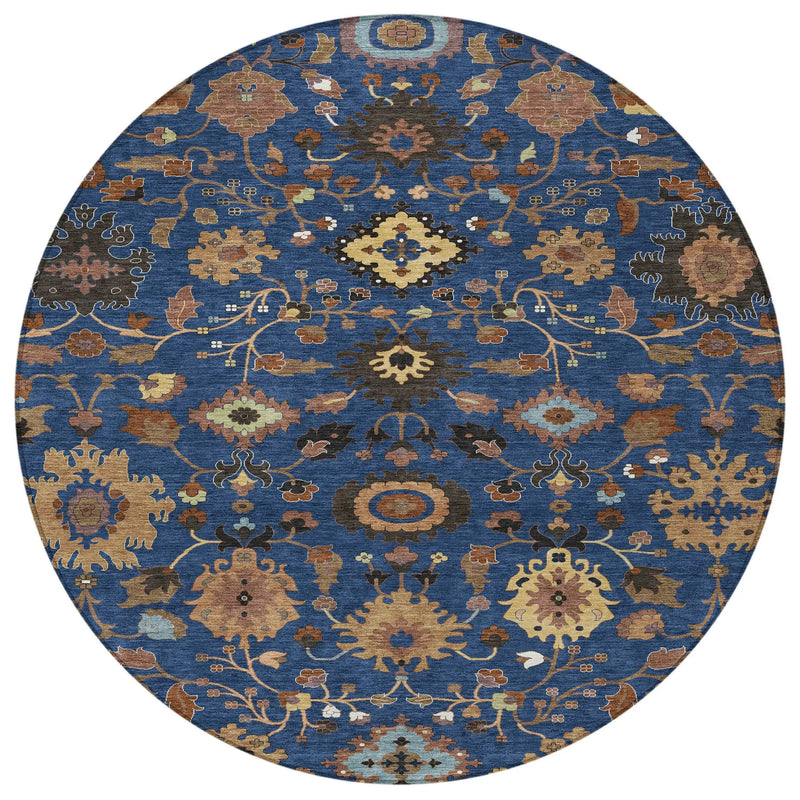 8' Navy Blue And Copper Round Floral Medallion Washable Indoor Outdoor Area Rug Homeroots Outdoor