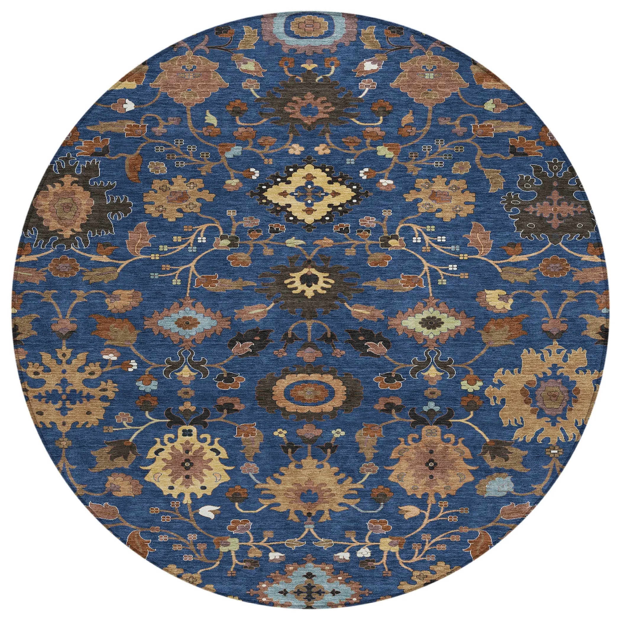 8' Navy Blue And Copper Round Floral Medallion Washable Indoor Outdoor Area Rug Homeroots Outdoor