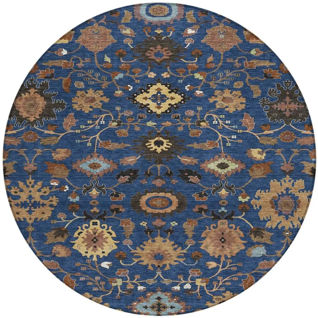 8' Navy Blue And Copper Round Floral Medallion Washable Indoor Outdoor Area Rug Homeroots Outdoor