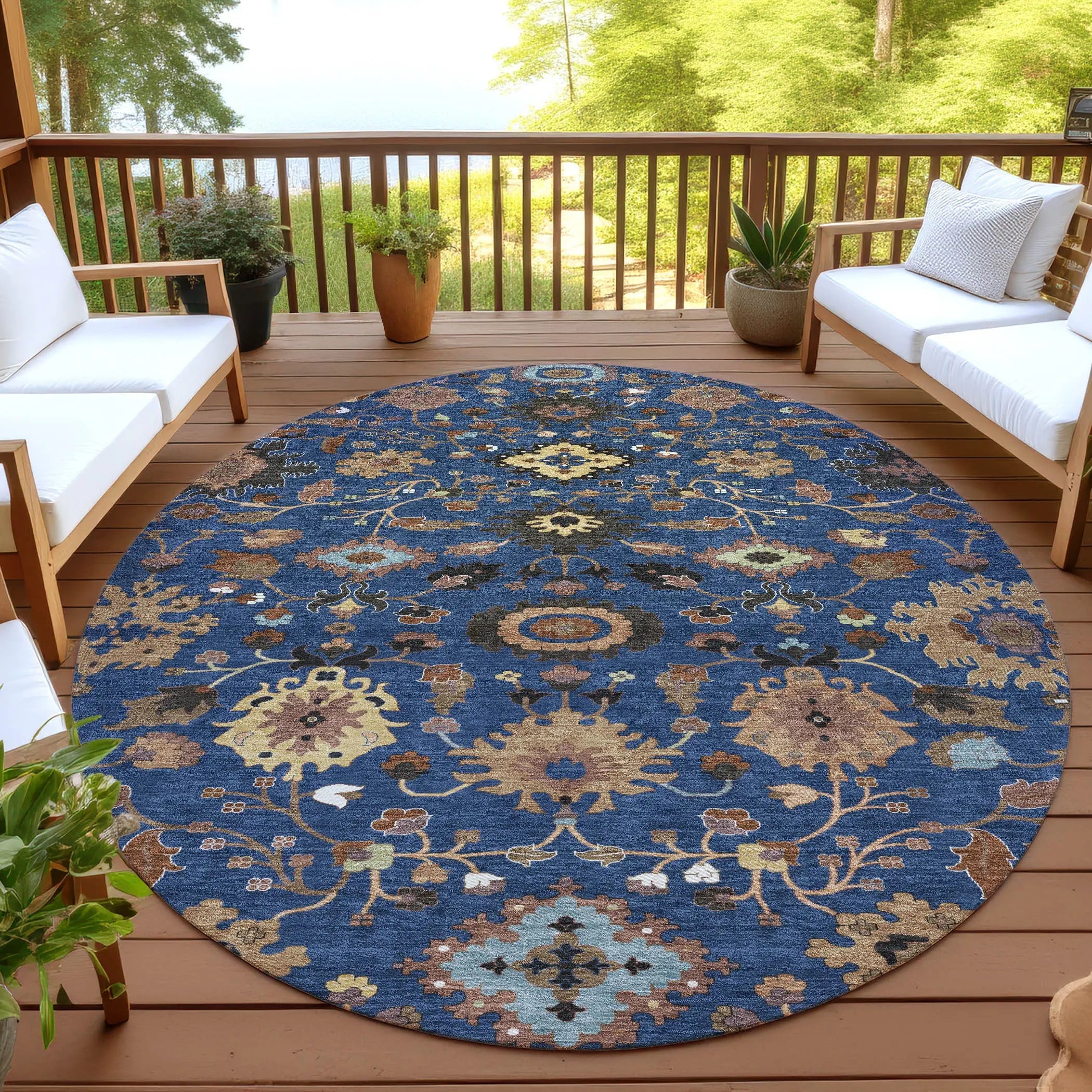 8' Navy Blue And Copper Round Floral Medallion Washable Indoor Outdoor Area Rug Homeroots Outdoor