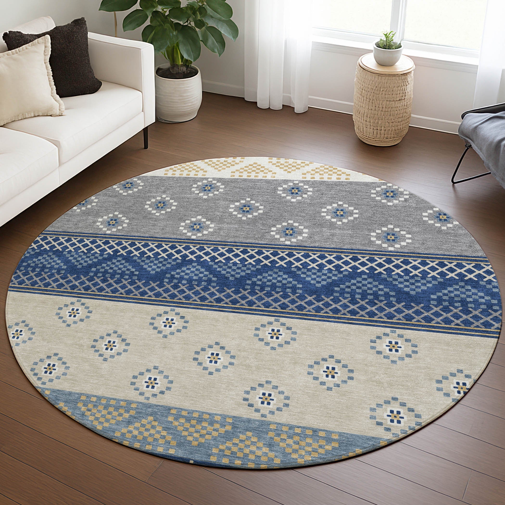 8' Navy Blue And Copper Round Striped Washable Indoor Outdoor Area Rug Homeroots Outdoor