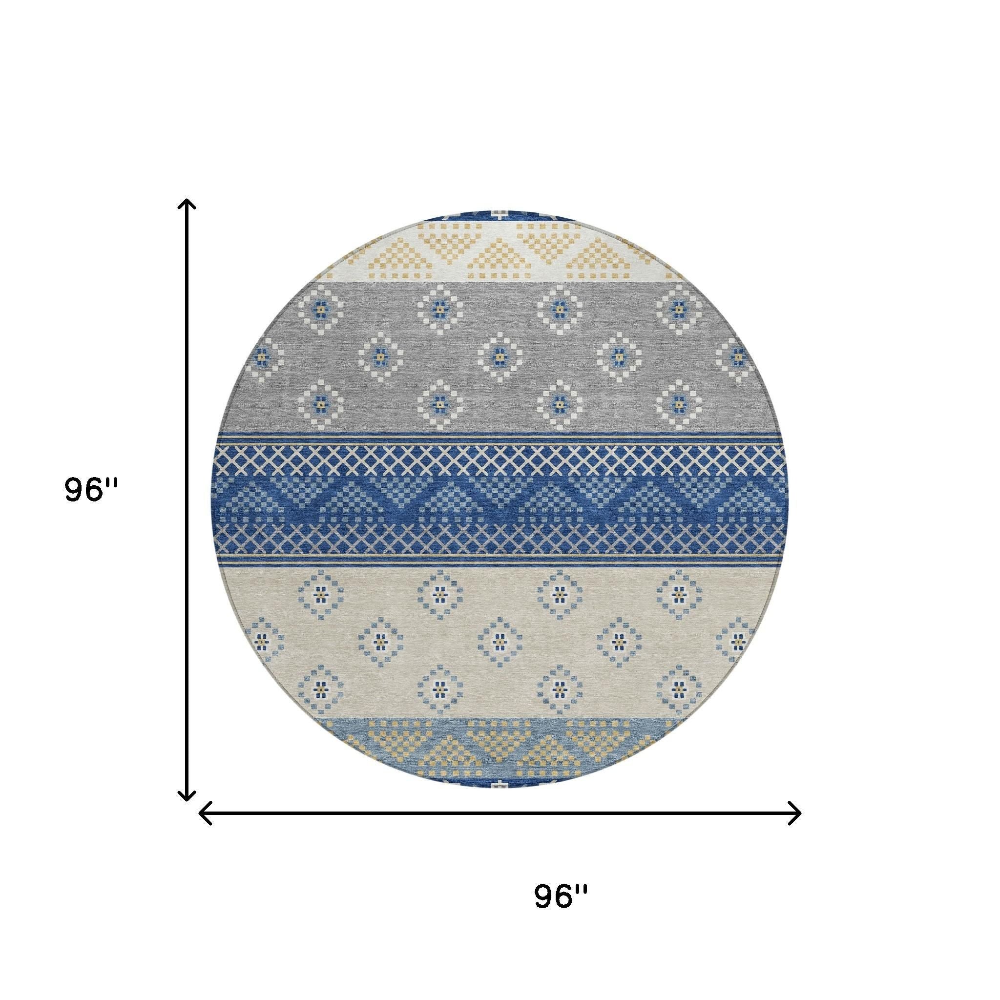 8' Navy Blue And Copper Round Striped Washable Indoor Outdoor Area Rug Homeroots Outdoor
