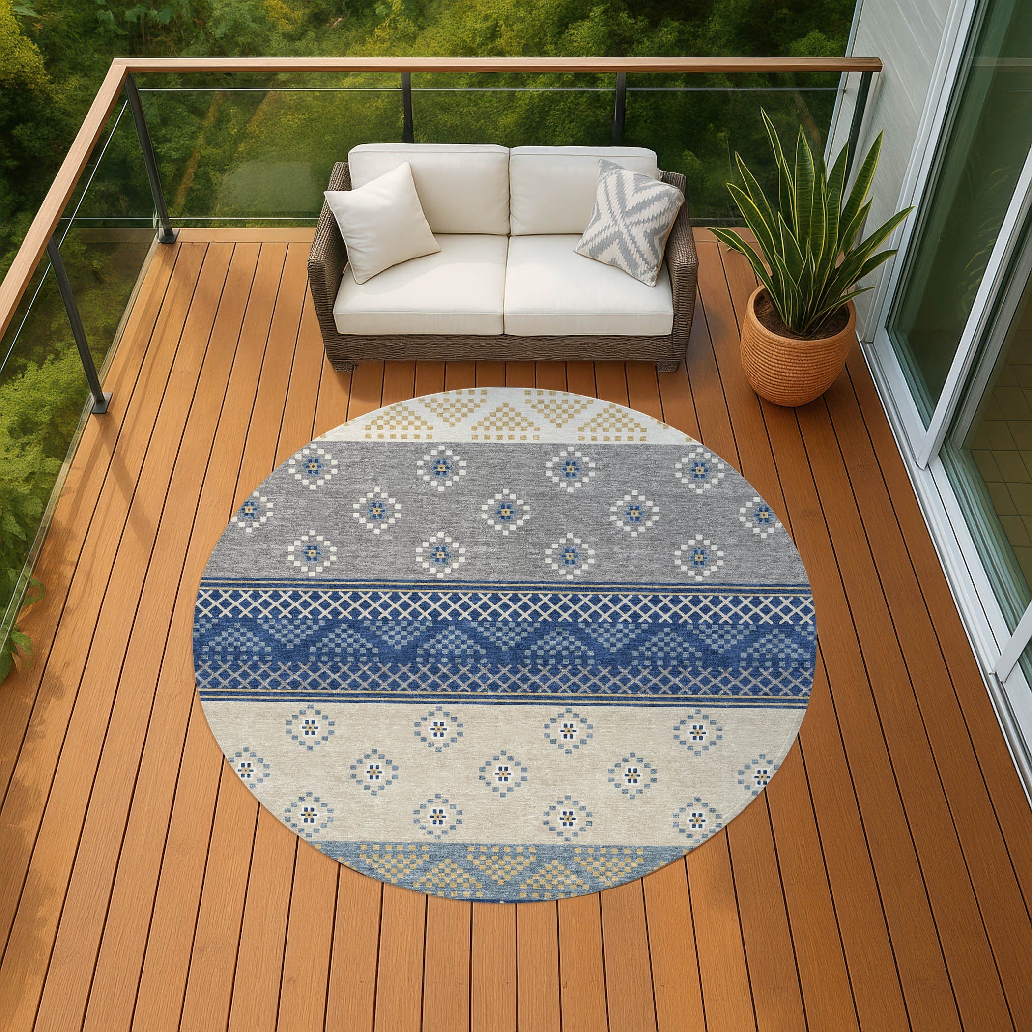 8' Navy Blue And Copper Round Striped Washable Indoor Outdoor Area Rug Homeroots Outdoor