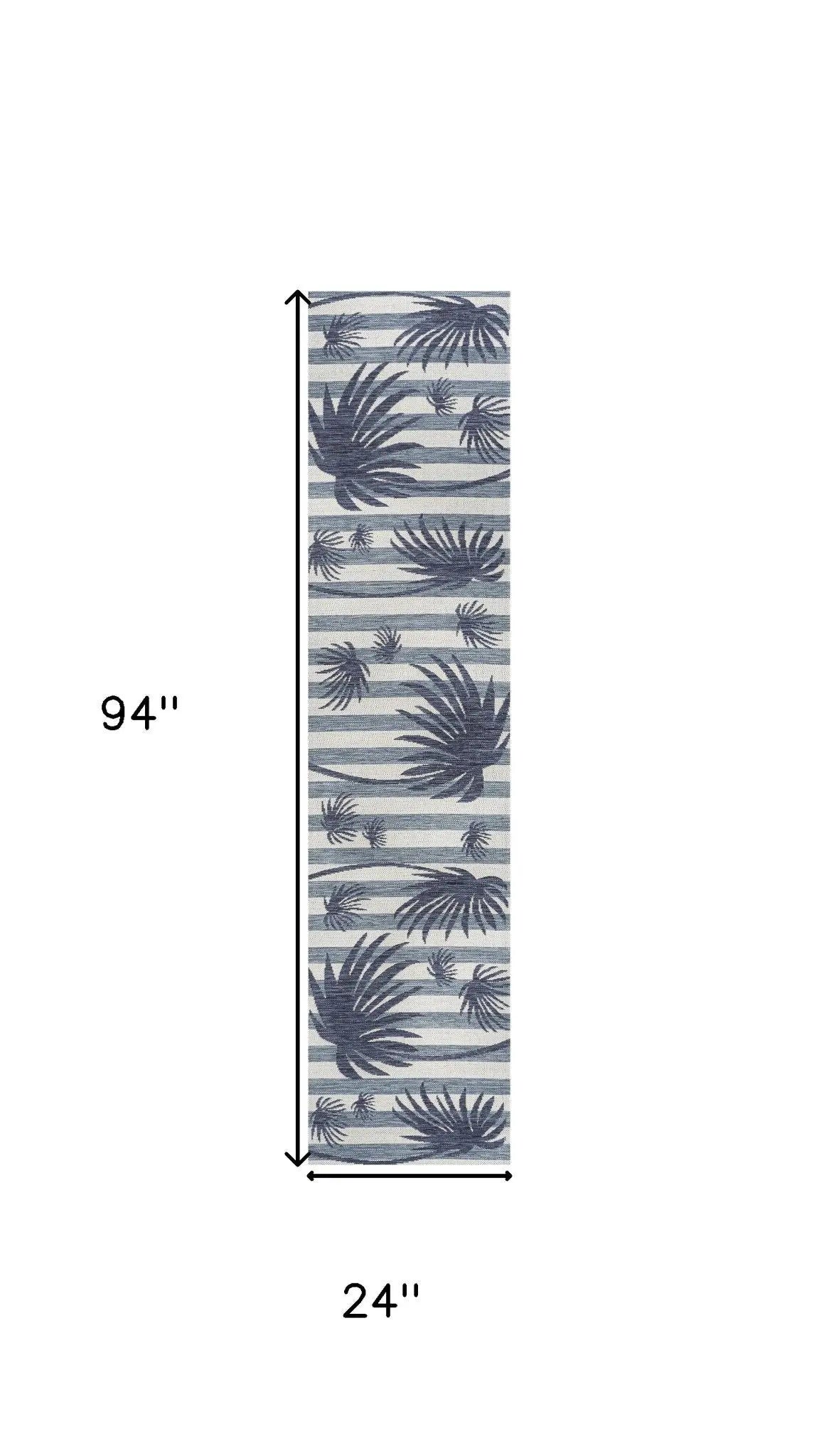 8' Navy Blue And Cream Floral Indoor Outdoor Runner Rug Homeroots Outdoor