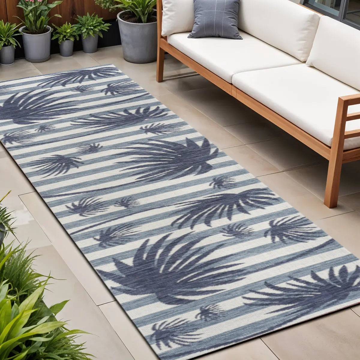 8' Navy Blue And Cream Floral Indoor Outdoor Runner Rug Homeroots Outdoor