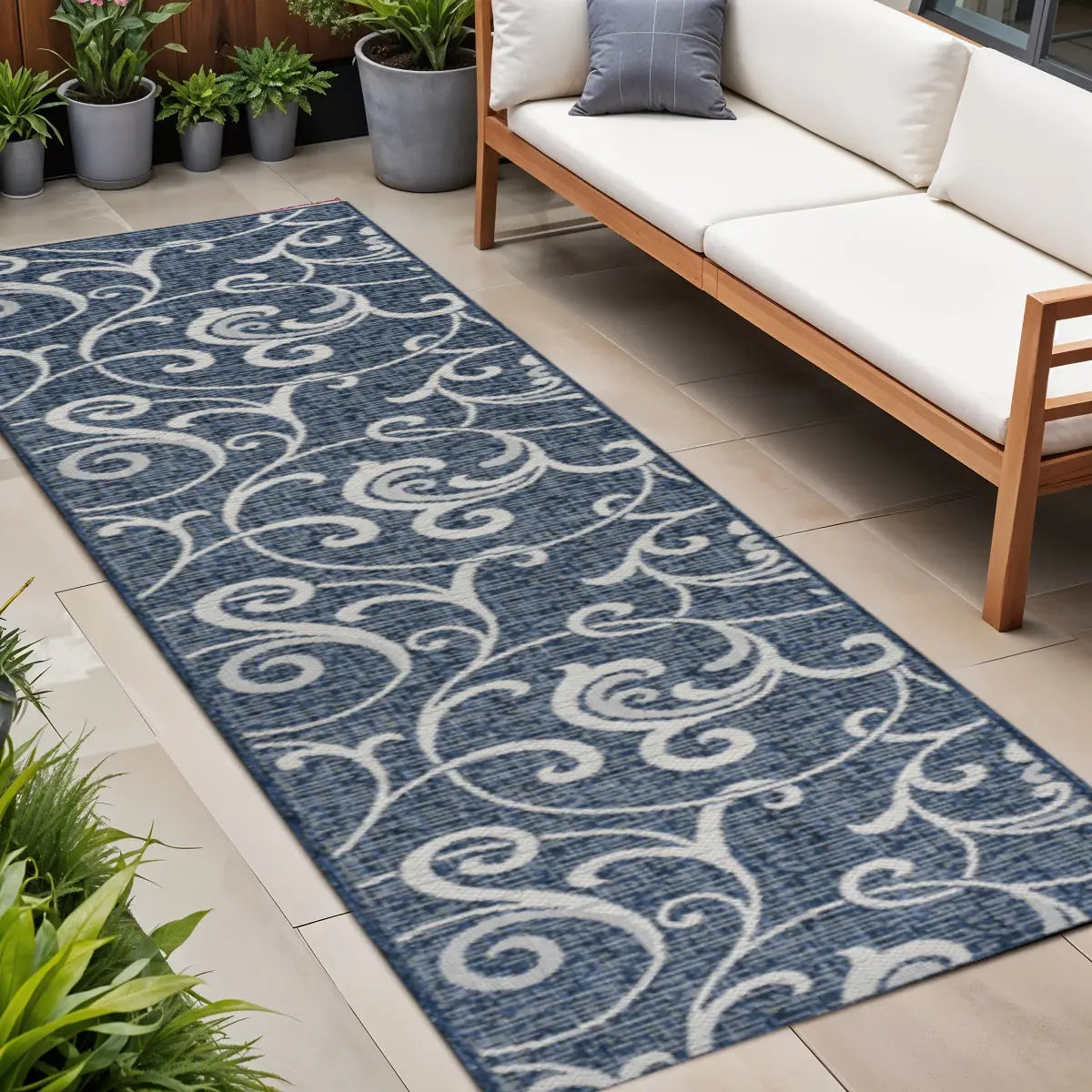 8' Navy Blue And Cream Floral Indoor Outdoor Runner Rug Homeroots Outdoor