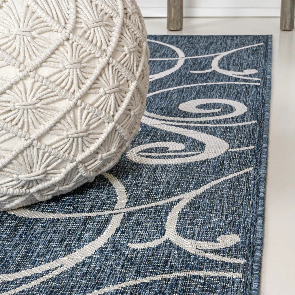 8' Navy Blue And Cream Floral Indoor Outdoor Runner Rug Homeroots Outdoor