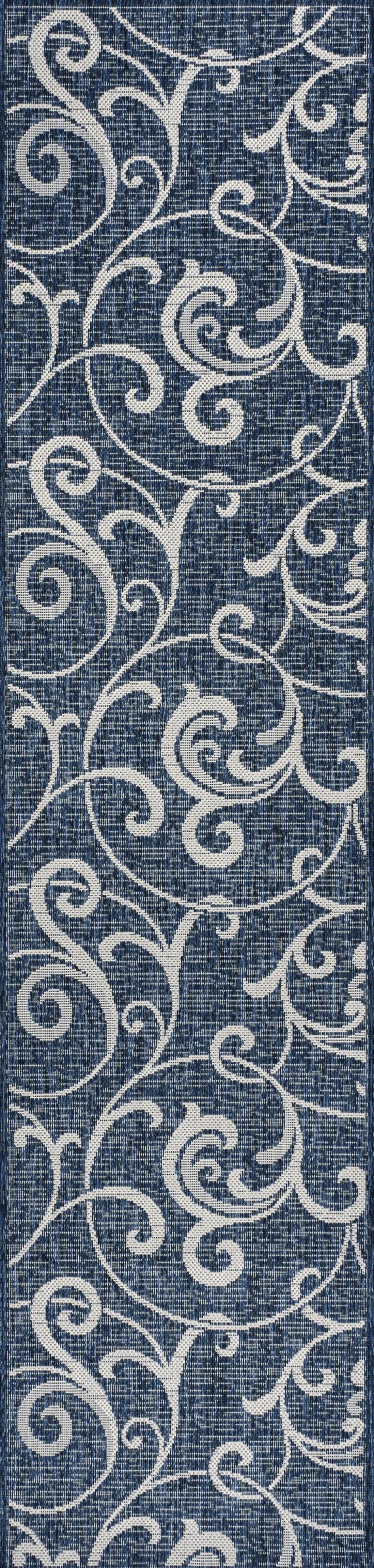 8' Navy Blue And Cream Floral Indoor Outdoor Runner Rug Homeroots Outdoor