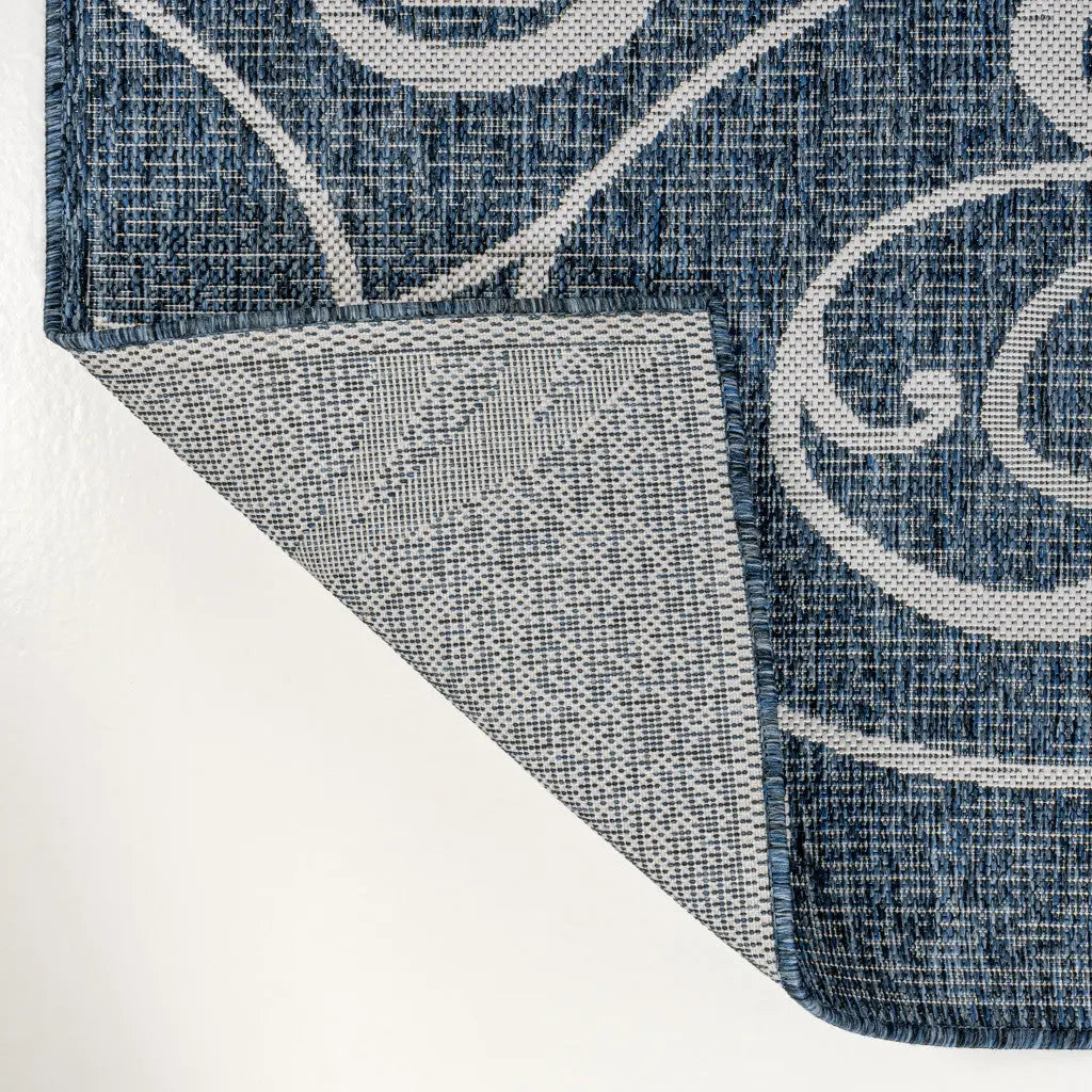 8' Navy Blue And Cream Floral Indoor Outdoor Runner Rug Homeroots Outdoor