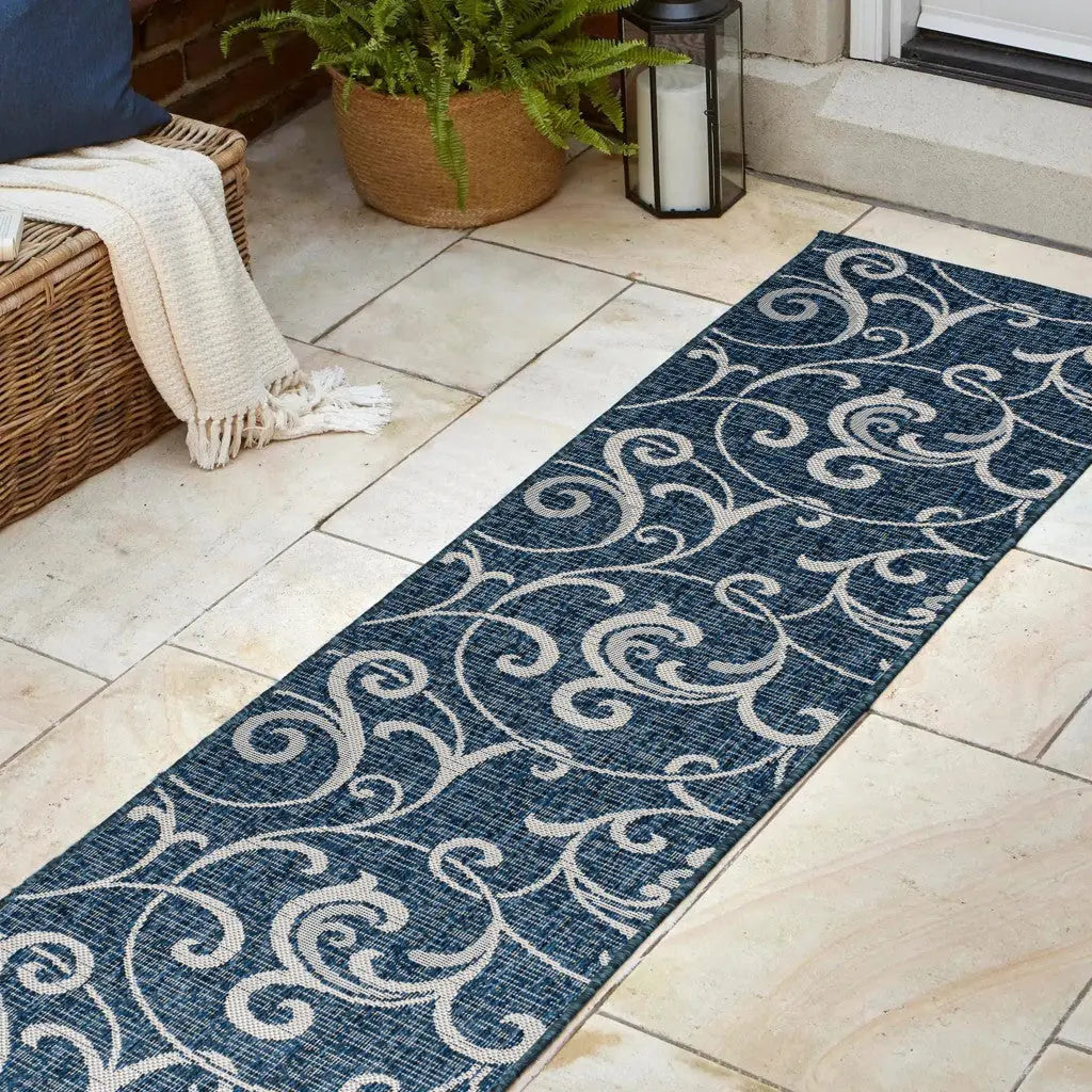 8' Navy Blue And Cream Floral Indoor Outdoor Runner Rug Homeroots Outdoor
