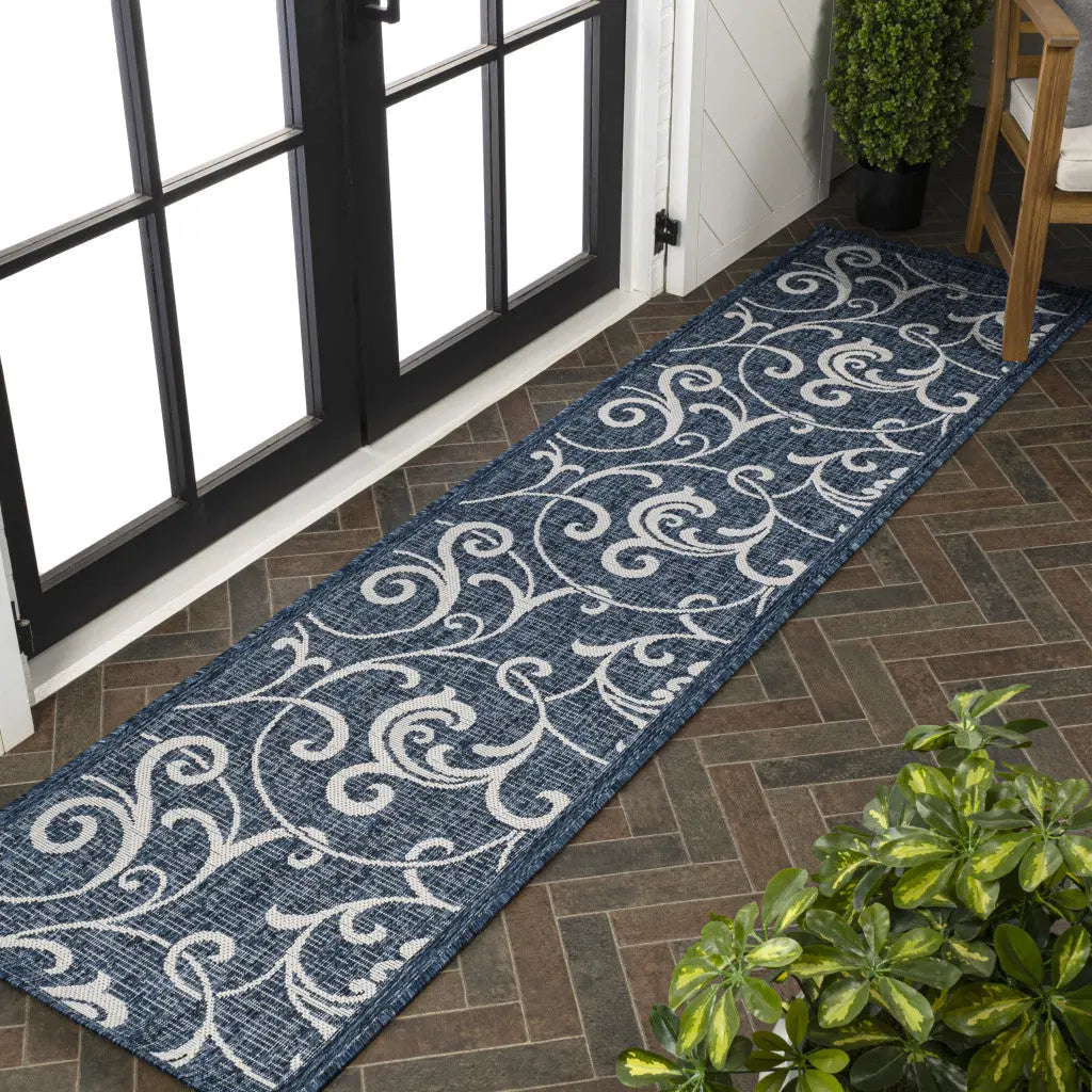 8' Navy Blue And Cream Floral Indoor Outdoor Runner Rug Homeroots Outdoor