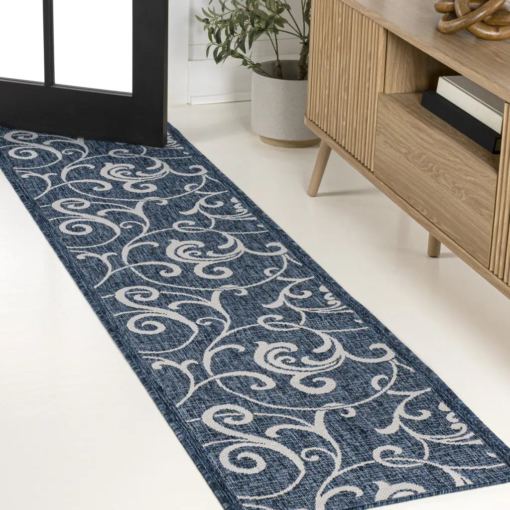 8' Navy Blue And Cream Floral Indoor Outdoor Runner Rug Homeroots Outdoor