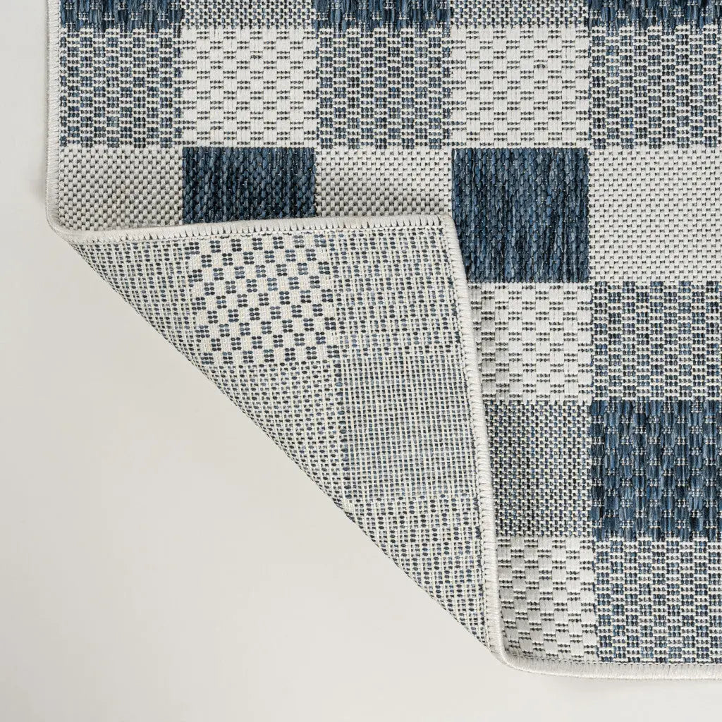 8' Navy Blue And Cream Geometric Indoor Outdoor Runner Rug Homeroots Outdoor